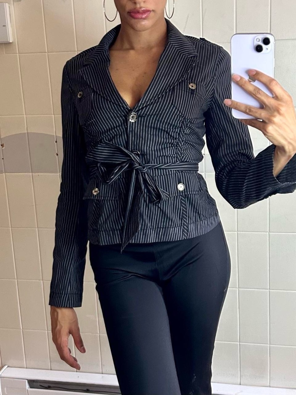 Y2K Express Pinstripe Tie-Waist Blouse - Picture 2 of 8